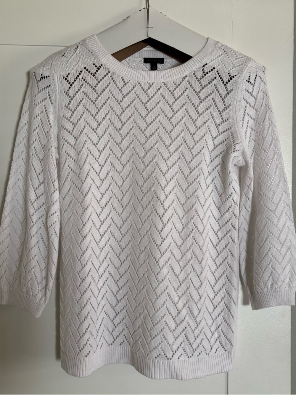 Talbots pullover pointelle crew neck white sweater 3/4 sleeve linen cotton small